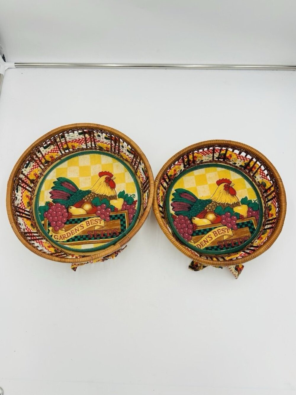 Vintage Country Wicker Rooster Chicken 12" and 10.5" Baskets Decor Set of 2